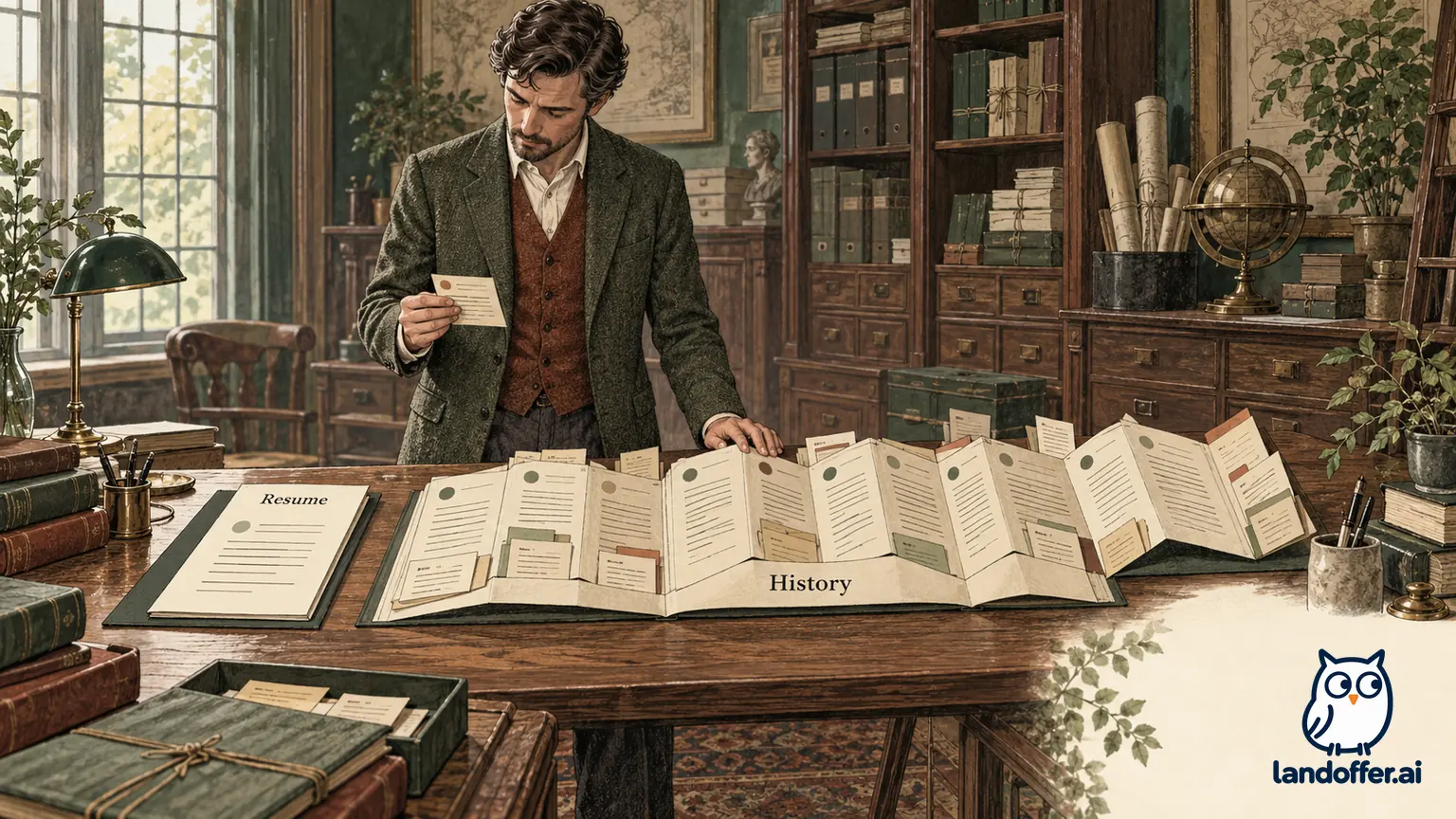 A candidate compares a slim selected resume with a broader chronological work-history ledger, keeping short roles and separate activities visible. Editorial illustration, not actual employment records.