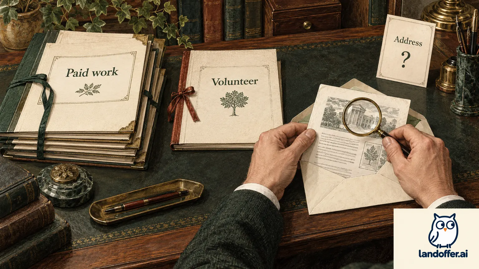 A work-history ledger separates paid roles, volunteer activity and an unresolved address card while a short resume remains beside it. Editorial illustration, not a submitted application.