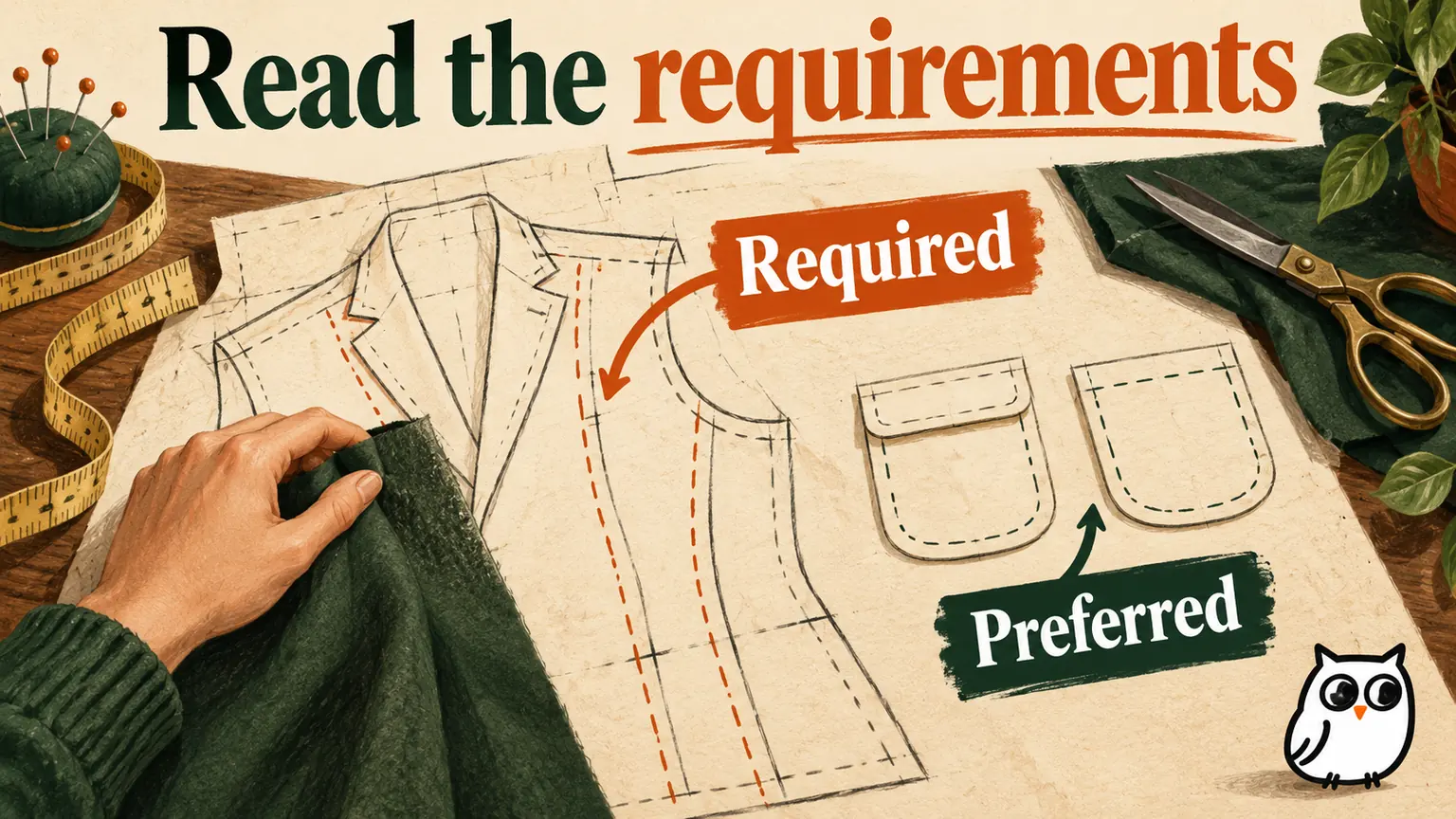 Editorial illustration of a tailor reviewing structural seams on a garment pattern while optional pocket pieces remain separate, distinguishing required and preferred features.