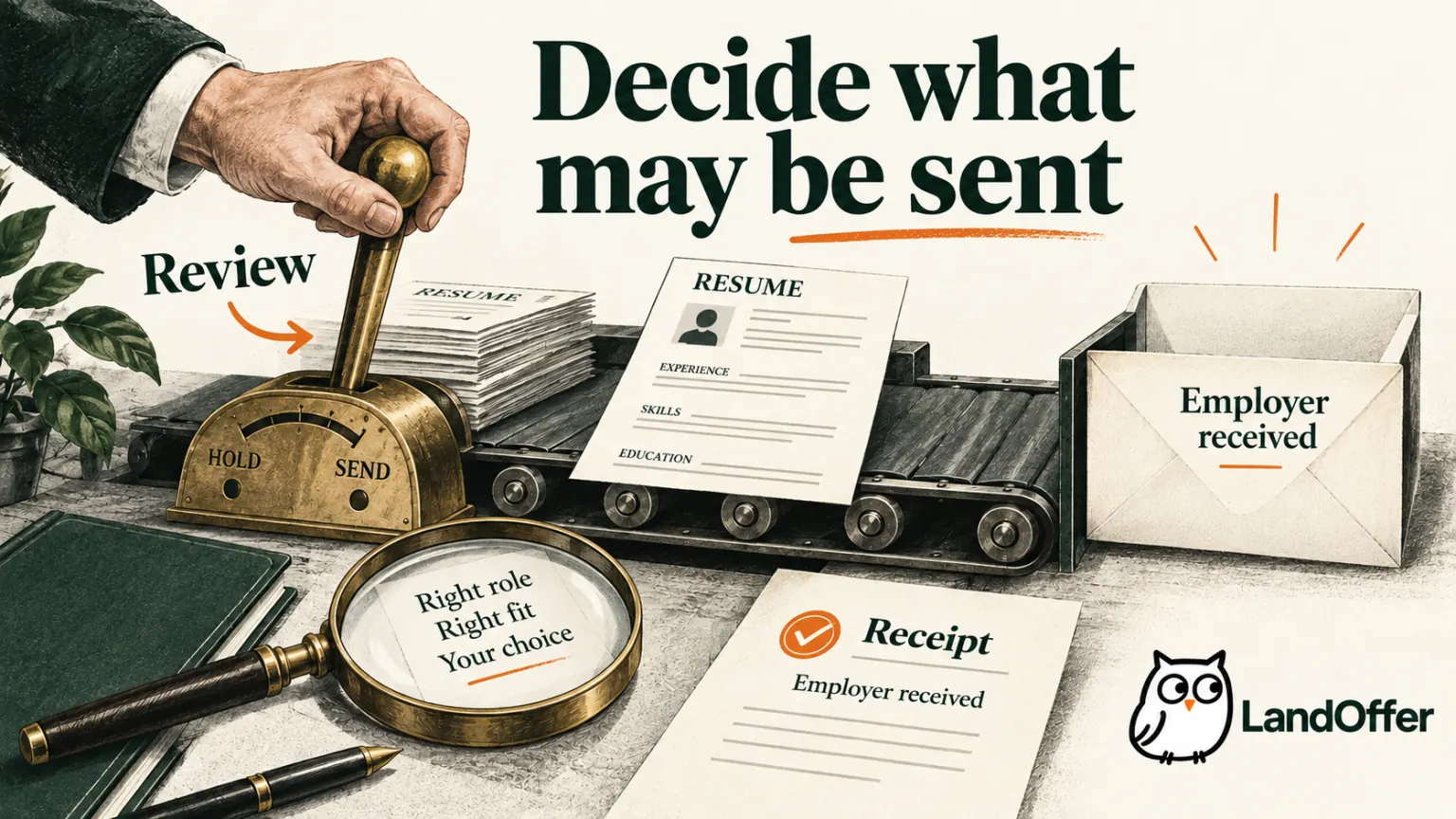 Editorial illustration of a hand controlling a paused paper application conveyor, with review materials and a separate employer receipt