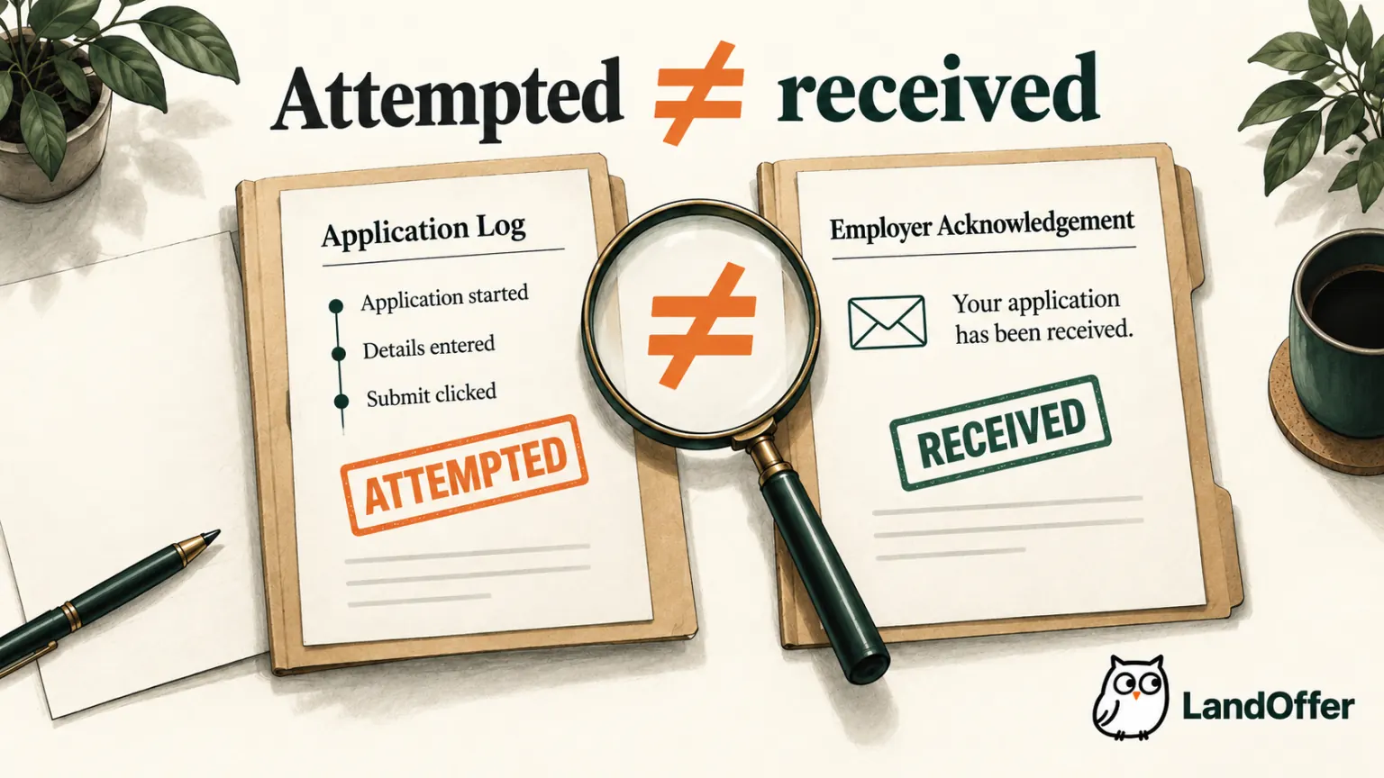 Editorial illustration contrasting a tool log marked Attempted with an employer acknowledgement marked Received