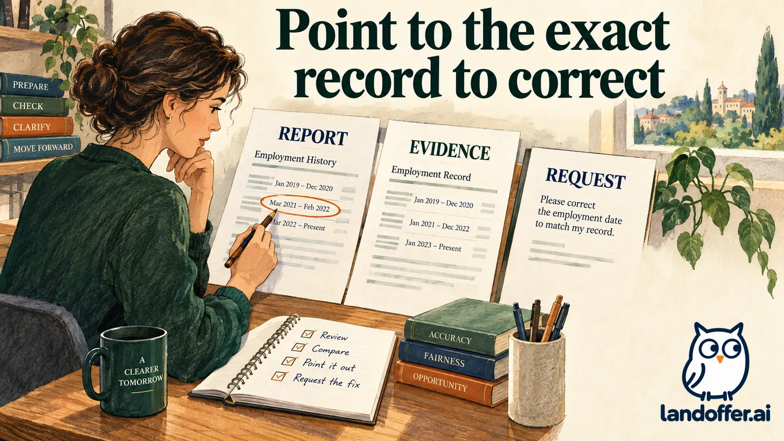 A candidate compares an unchanged background report with original employment records and circles a disputed date.