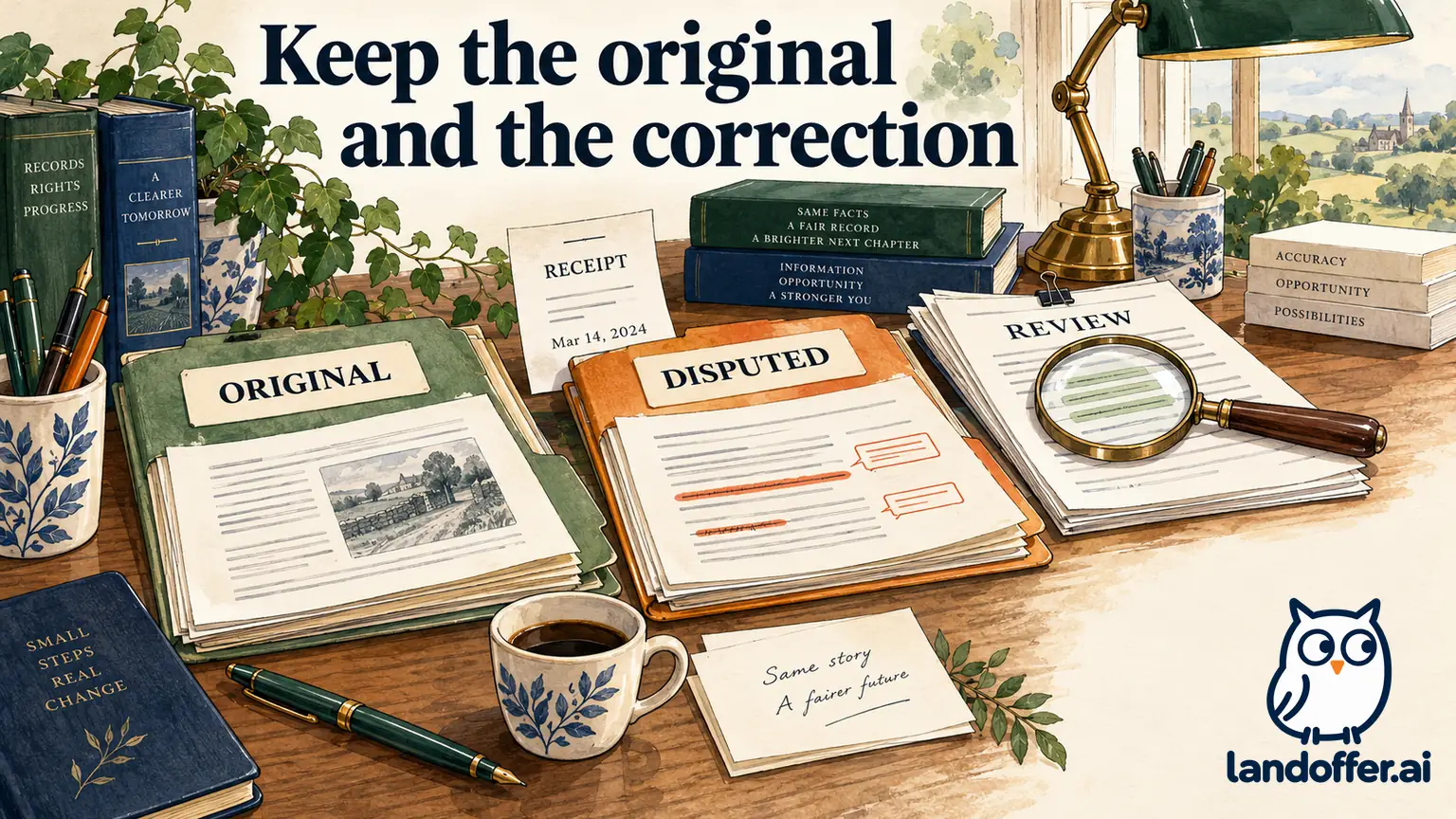 The original report and correction request remain separate, with a dated receipt and a revised copy to review.