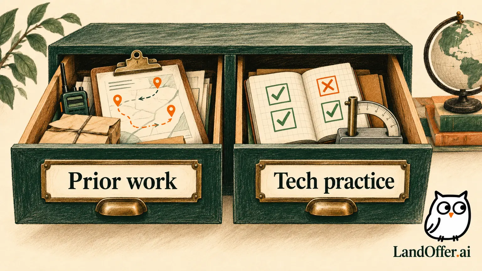 Two evidence drawers separate prior dispatch work from independent technical practice, showing how both can support a career-change resume without becoming the same experience.
