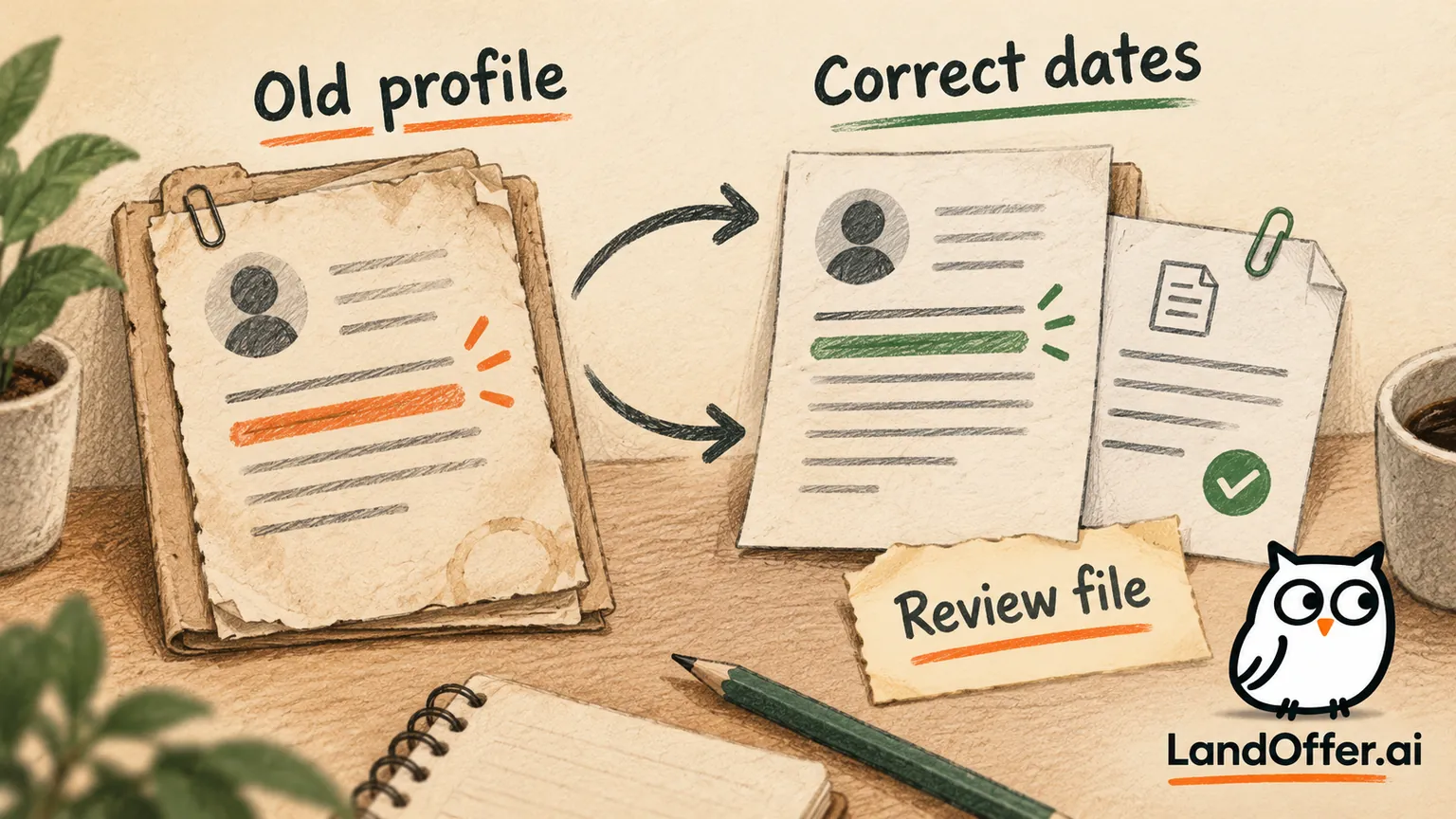 Illustrated review distinguishing an outdated profile from corrected employer-form dates and a checked resume attachment; no product interface is depicted.