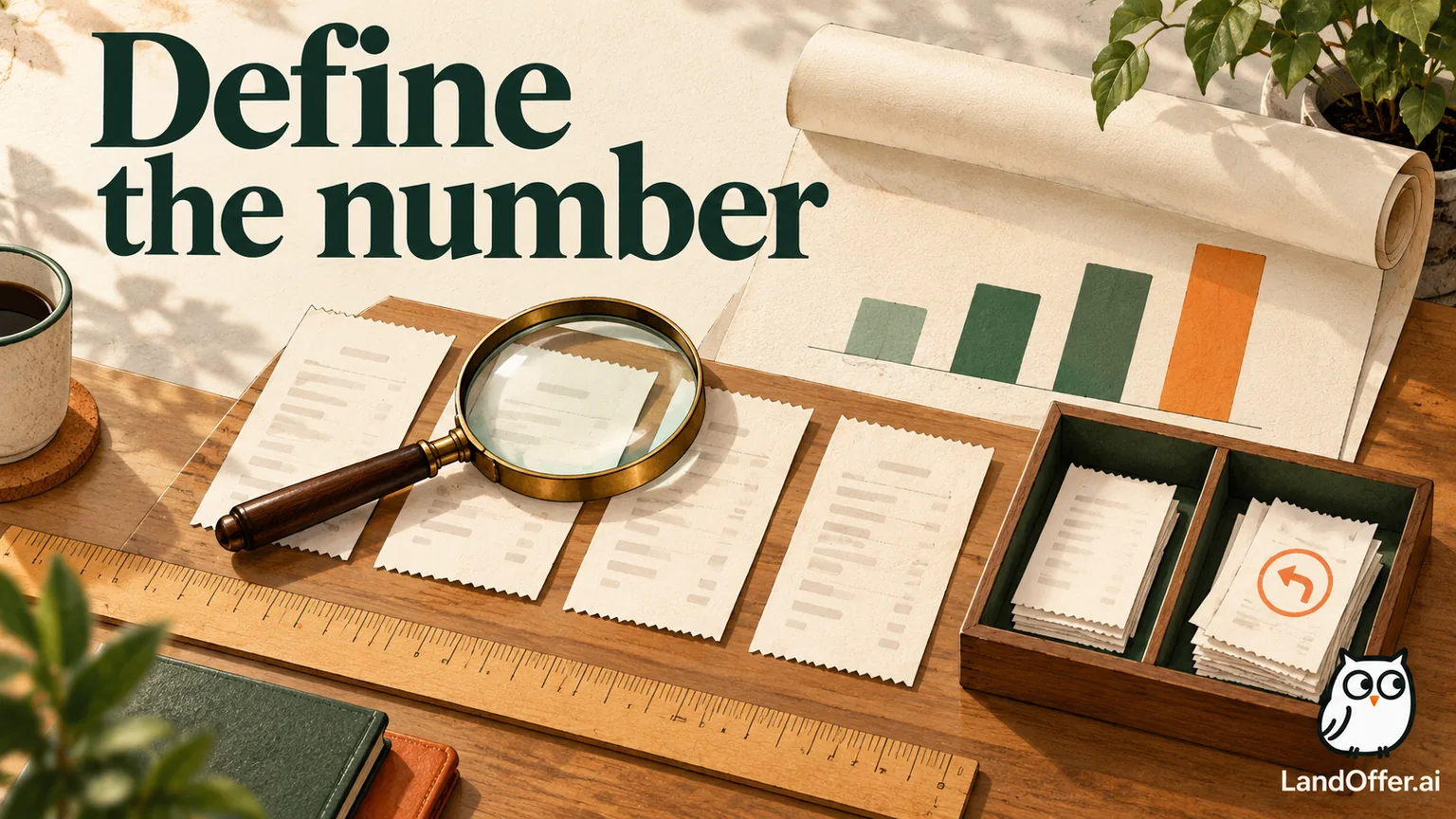 Editorial illustration of order receipts, a magnifying glass and a separate refund tray showing that a dashboard metric begins with a defined unit.