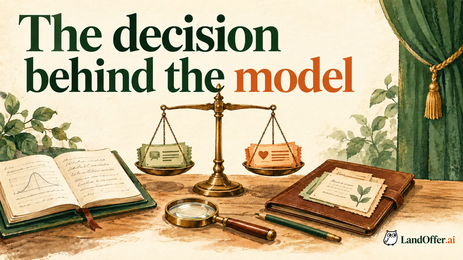 Editorial illustration of a data science notebook informing a human allocation decision at a ticket desk, with evidence weighed before action.