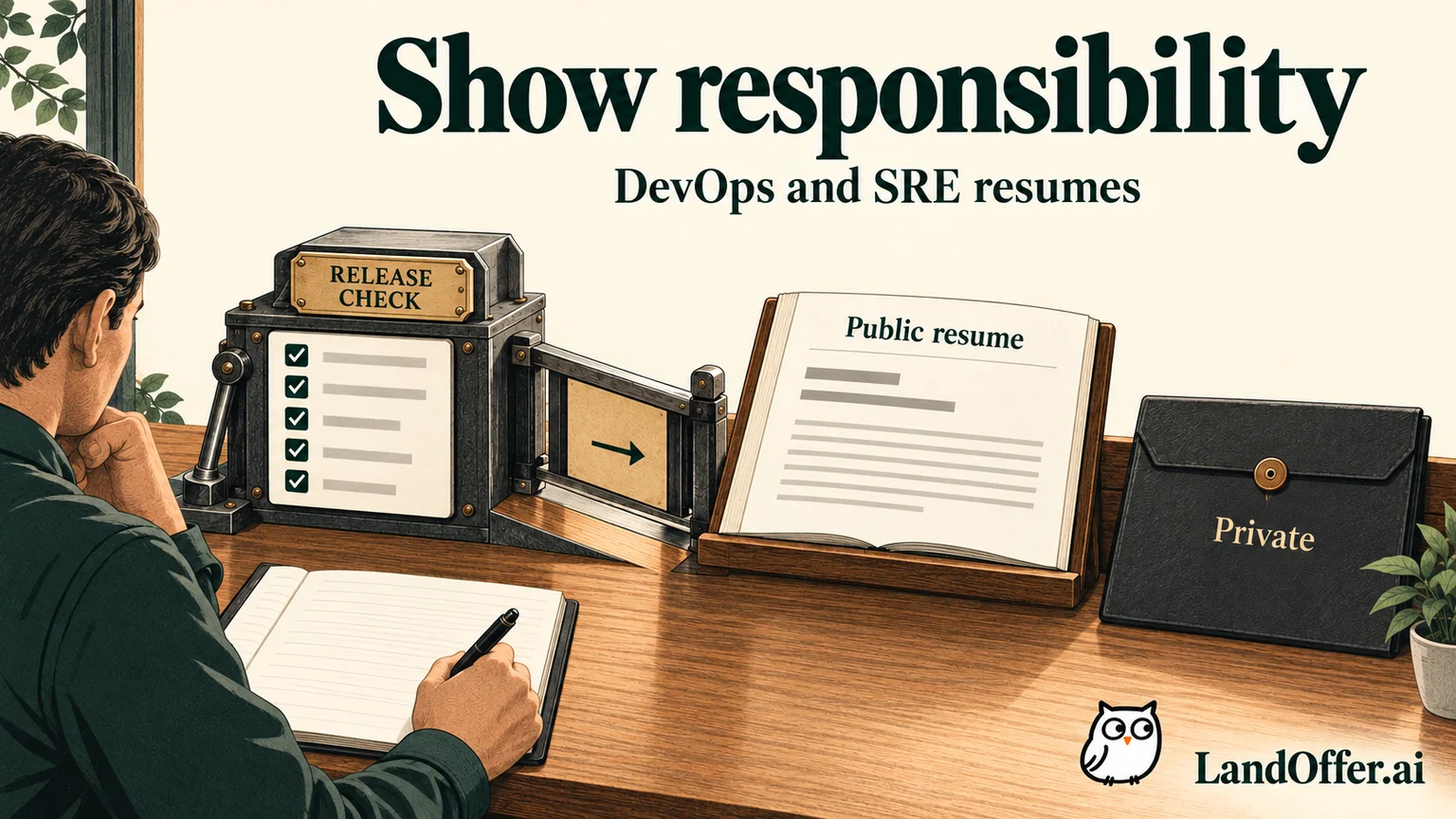 A release checklist and operator notebook sit beside an abstract service model, with a closed confidential folder kept separate from the public resume. Editorial illustration.