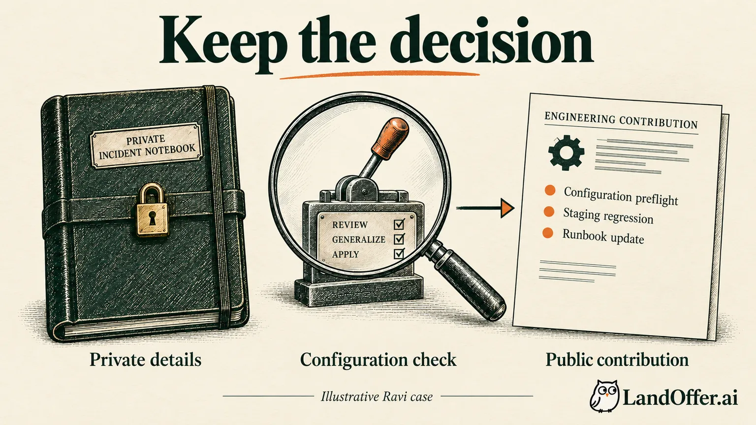 A private incident notebook remains sealed while a configuration-check decision becomes a public contribution. Editorial illustration of Ravi’s fictional rewrite.