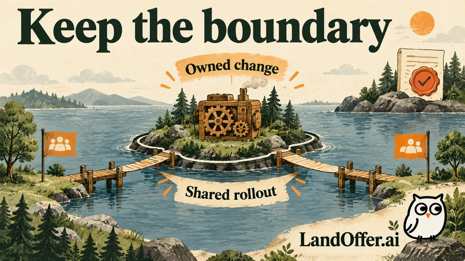Illustration of one owned engineering change connected to two partner teams, preserving a boundary between individual delivery and shared rollout