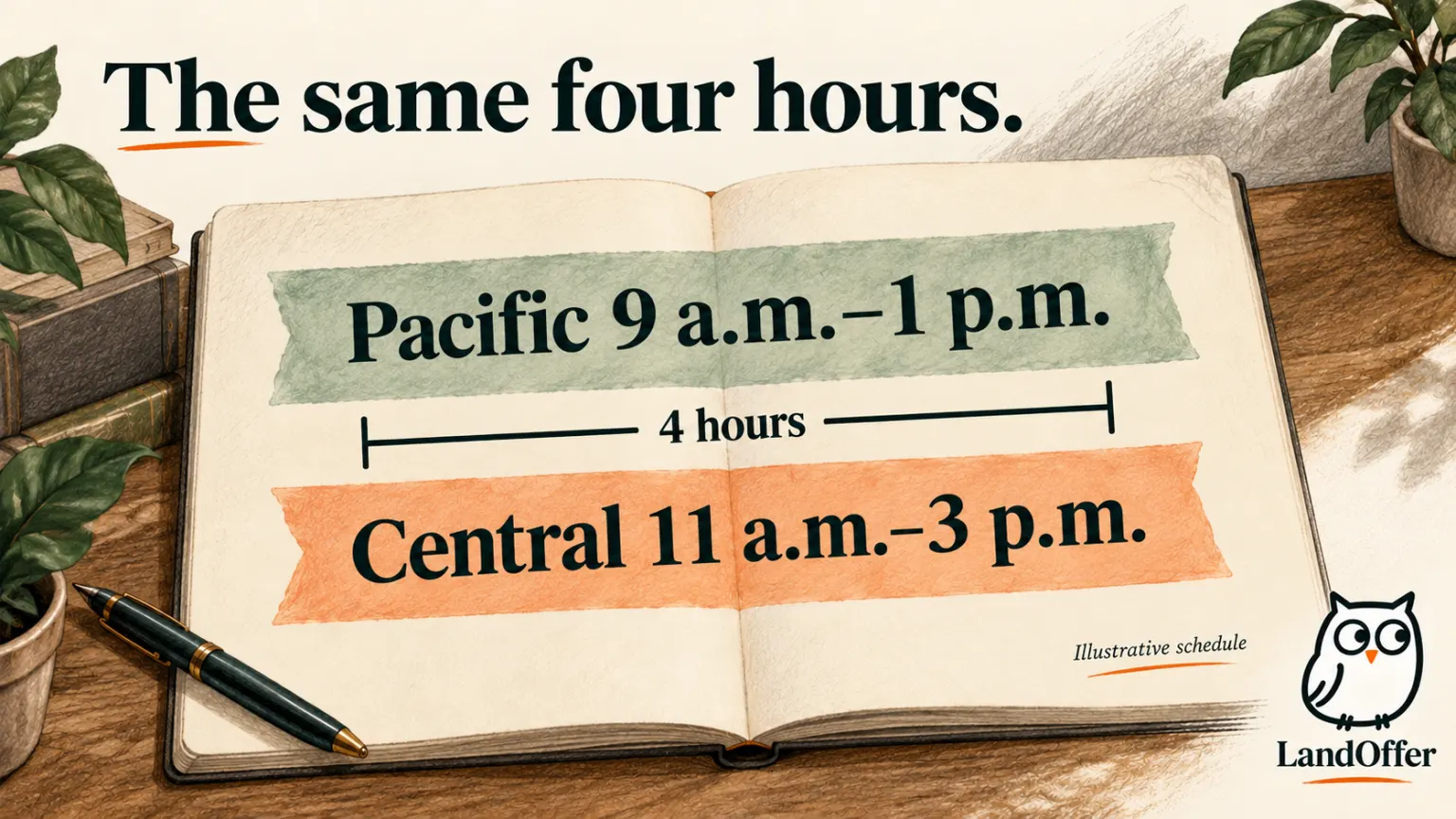 Illustrative schedule showing that 9 a.m. to 1 p.m. Pacific and 11 a.m. to 3 p.m. Central describe the same four-hour window