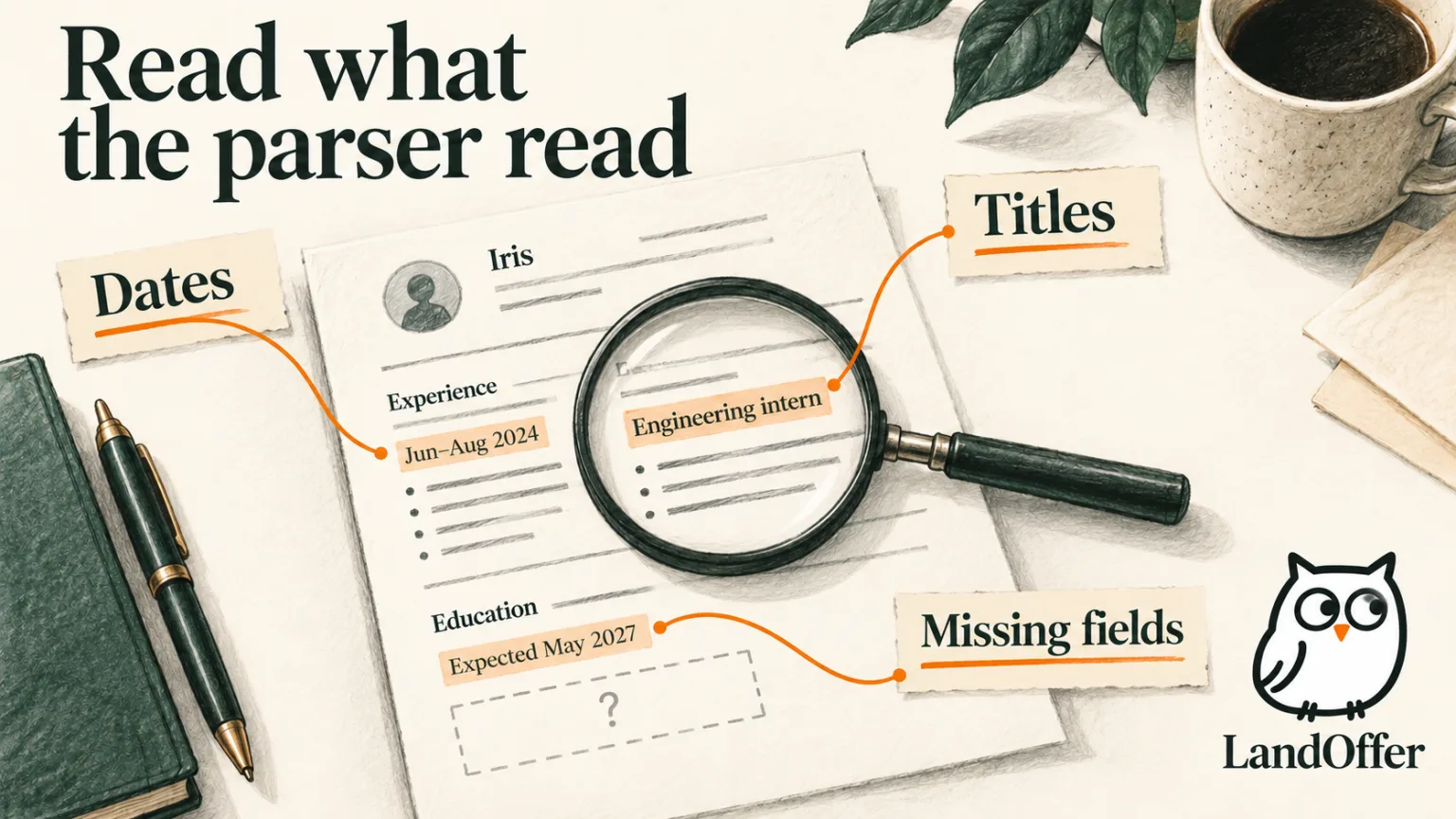 A magnifier follows dates, titles and missing information from a resume into extracted field strips.