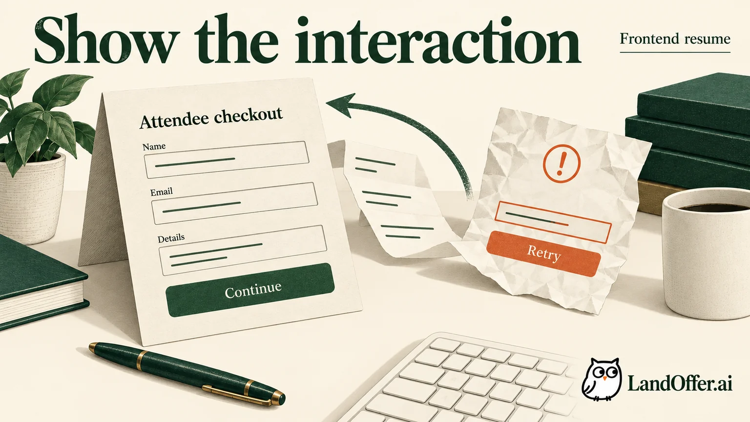 An annotated checkout interface, keyboard and component sheets connect frontend work to a user's completed interaction. Editorial illustration, not a product screenshot.