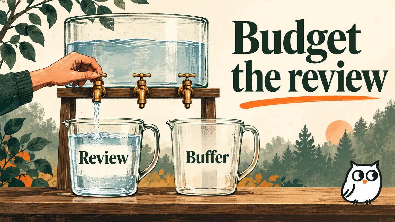 Editorial illustration of a limited reservoir feeding separate Review and Buffer vessels, showing time deliberately reserved for accurate application work.