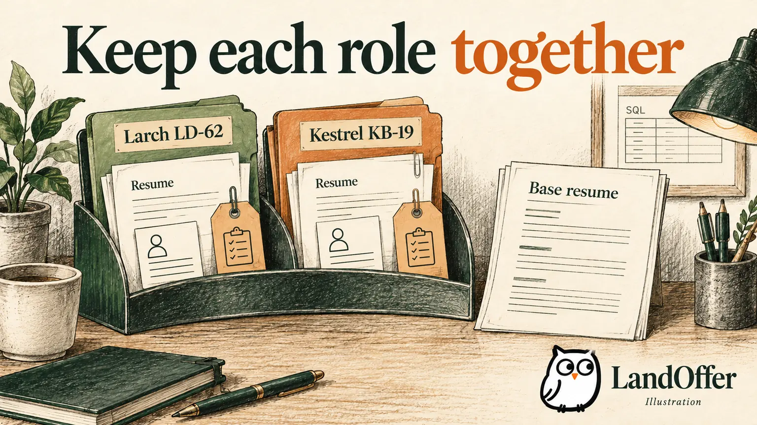 Editorial illustration of two role dossiers containing their own resumes, contact notes and next tasks beside a shared base resume.