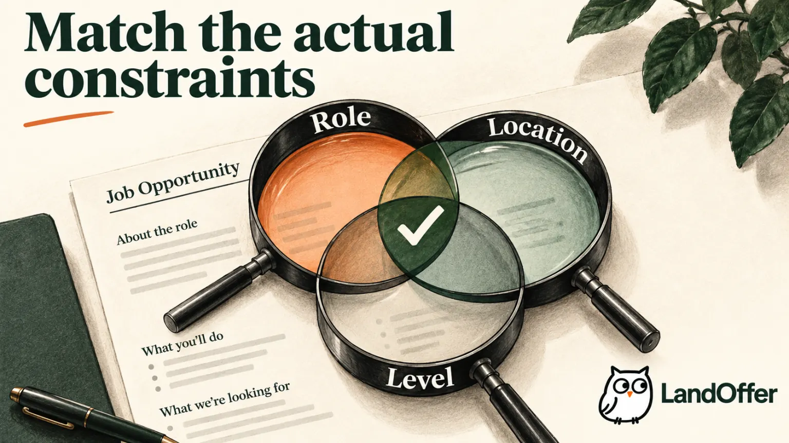 Editorial illustration of three overlapping lenses labeled Role, Location and Level revealing a job that meets the combined constraints