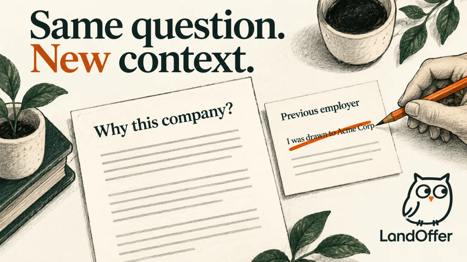 An identical company-motivation question sits beside an old employer's saved answer, showing why the new context needs review.