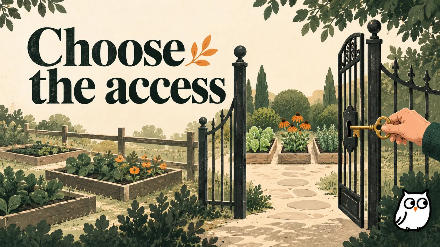 Editorial illustration of a candidate choosing access through a garden gate to bounded planting beds, using a brass key to represent deliberately scoped permissions.