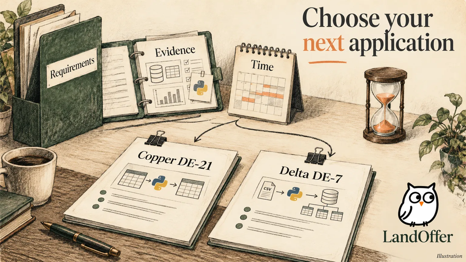 An editorial job-search desk separates confirmed requirements, relevant evidence and available preparation time before choosing an application.