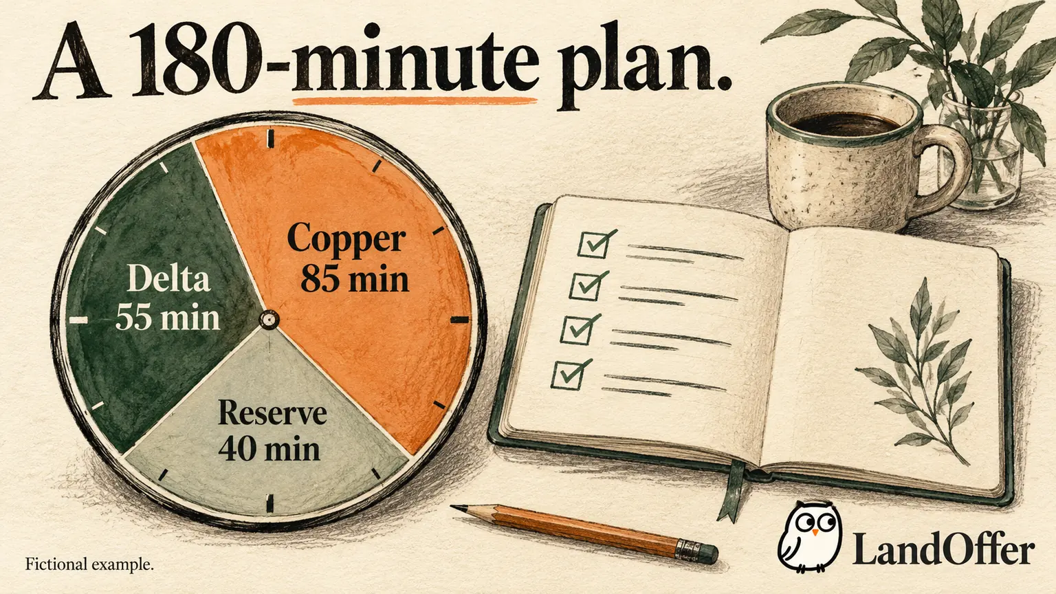 Eli's 180-minute plan reserves 20 minutes for triage, 85 for Copper, 55 for Delta, 10 for clarification and 10 for buffer. Fictional planning estimates.