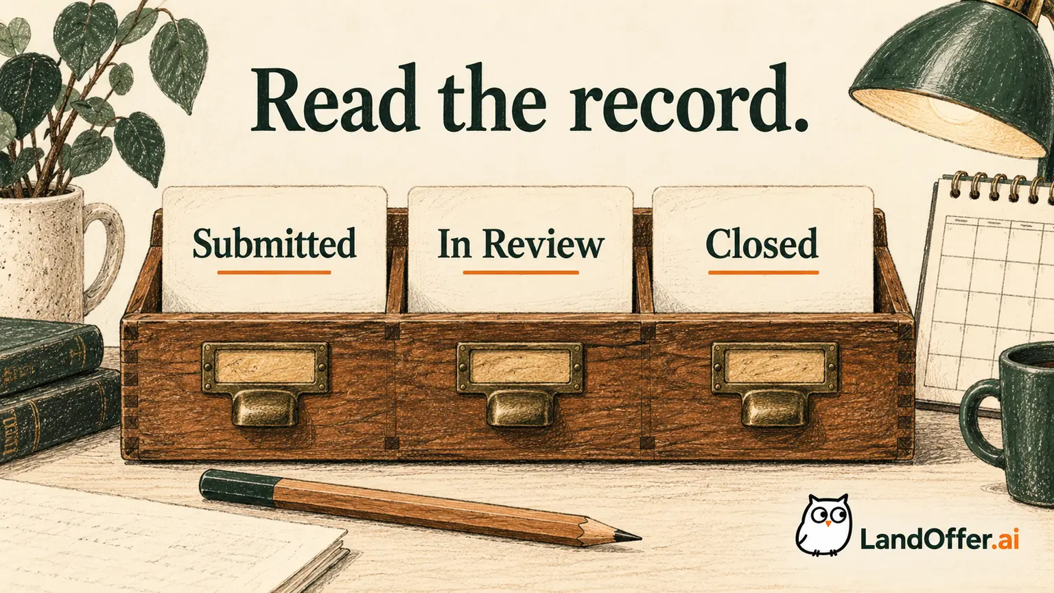 An old print cabinet holds separate Submitted, In Review and Closed cards, showing distinct labels without a universal progress arrow