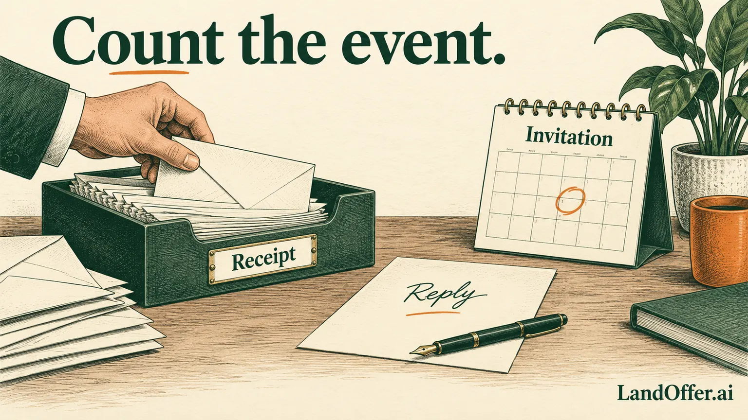 An editorial sorting desk separates received applications, human replies and interview invitations before a funnel is drawn, emphasizing that each count needs a defined event.