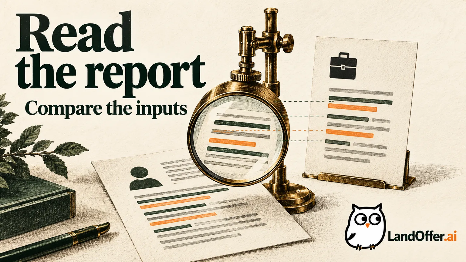Editorial illustration of an inspection lens over a resume beside a job brief, showing a report as a comparison rather than a hiring verdict.