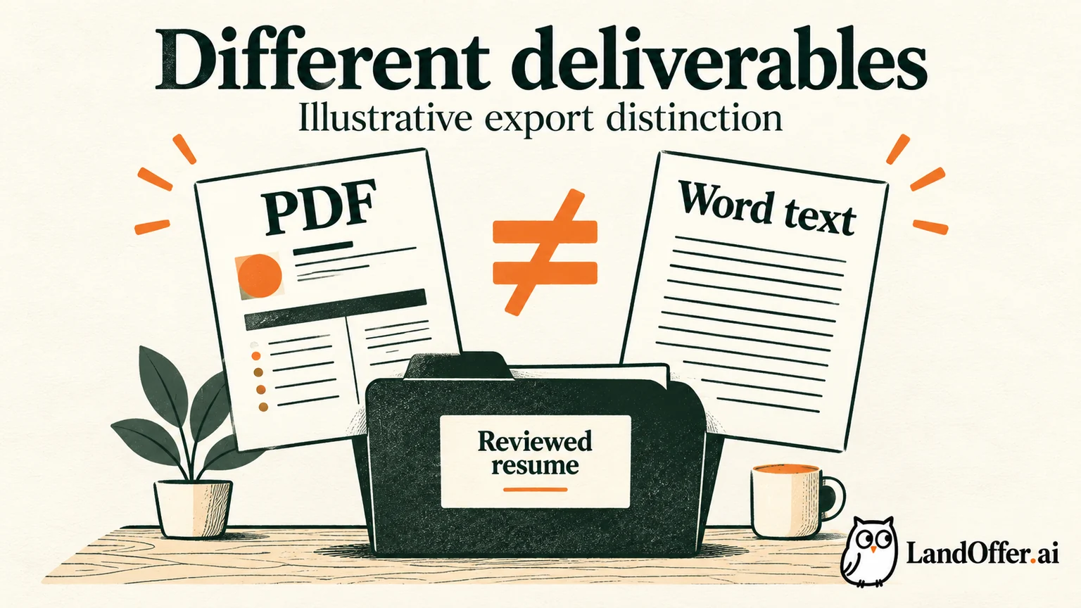 An illustrated resume review bench separates an accurate API contribution from an unsupported leadership claim, then checks a PDF attachment and Word text export as distinct outputs.