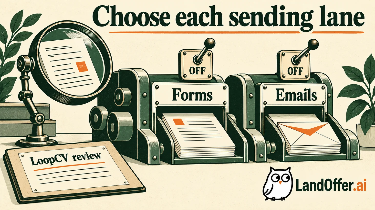 Editorial illustration of an automatic dispatch mechanism with separate controls for finding jobs, sending application forms and sending envelopes, with a candidate's inspection desk nearby.