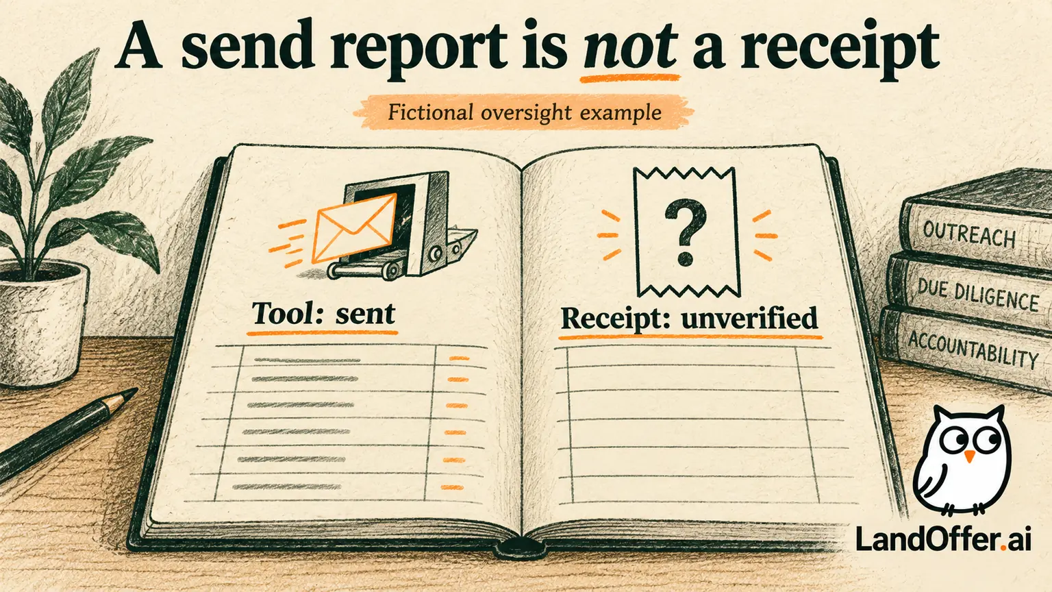 An illustrated oversight ledger separates a role ready for review, a location exclusion, an existing application and a tool-reported send with no verified receipt.