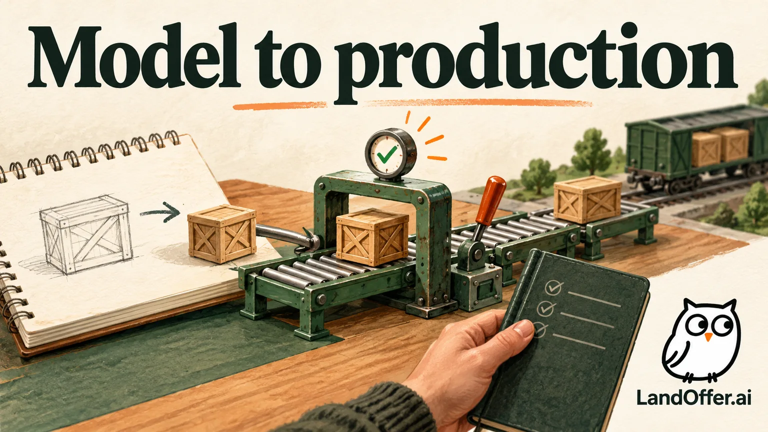 Editorial illustration of a model moving from a research notebook into an operated system with a release gate and maintenance record.