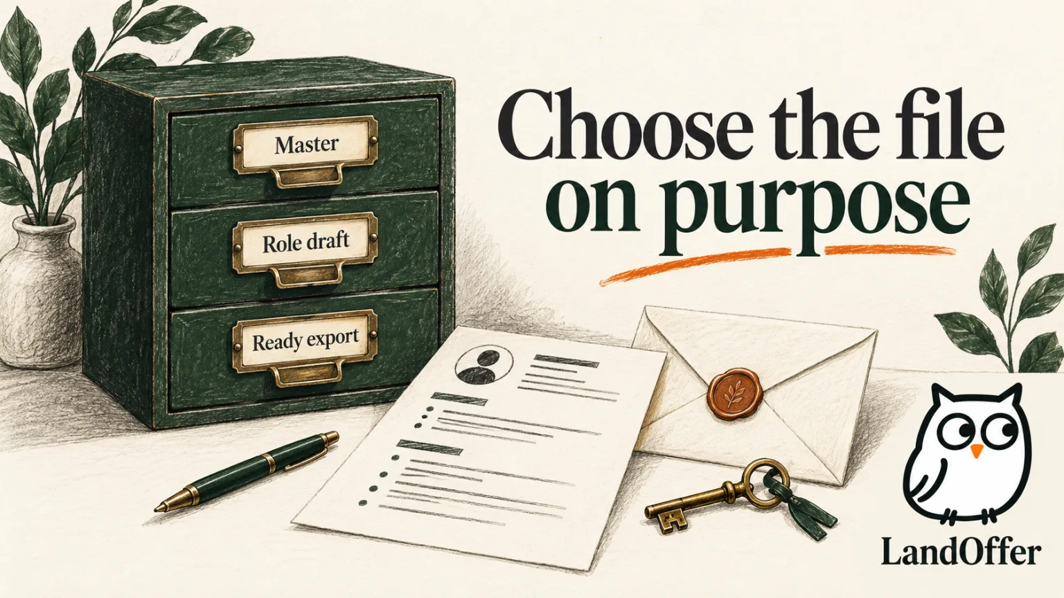 A physical file archive separates a factual master, role drafts and ready exports before choosing one document for an application.