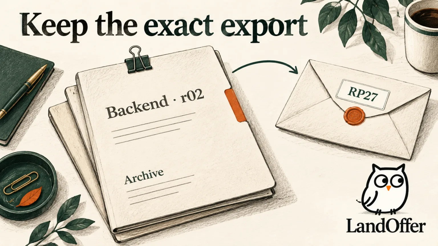 A Backend r02 resume is connected to the RP27 application envelope and an identical archive copy, preserving the selected export's identity.