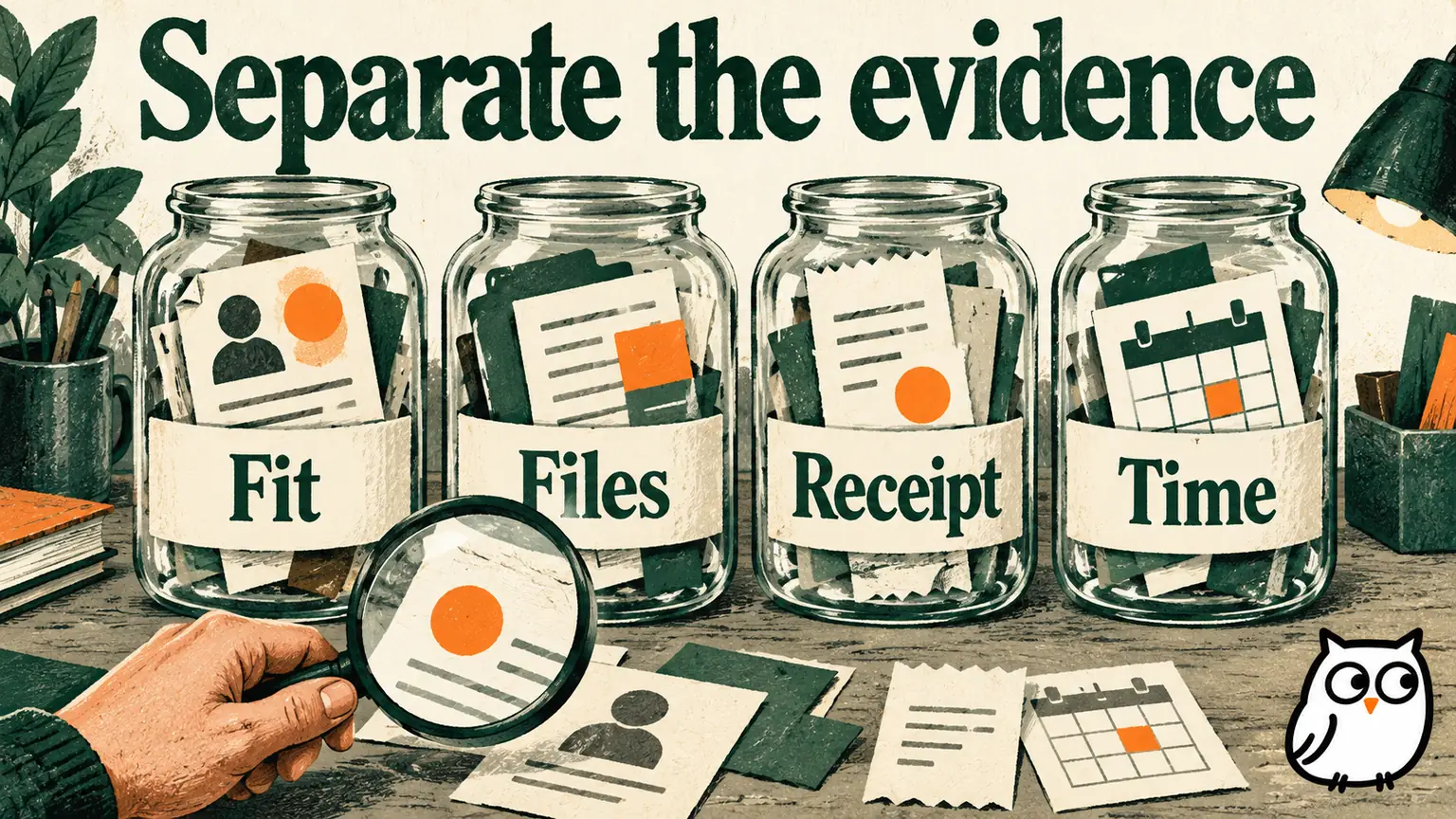 Editorial illustration of separate Fit, Files, Receipt, and Time sample jars under inspection, keeping different application evidence from being combined into one explanation.