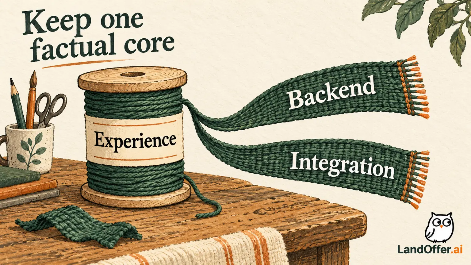 Two woven role threads wrap around a shared experience spool, showing how related applications can have a consistent factual core