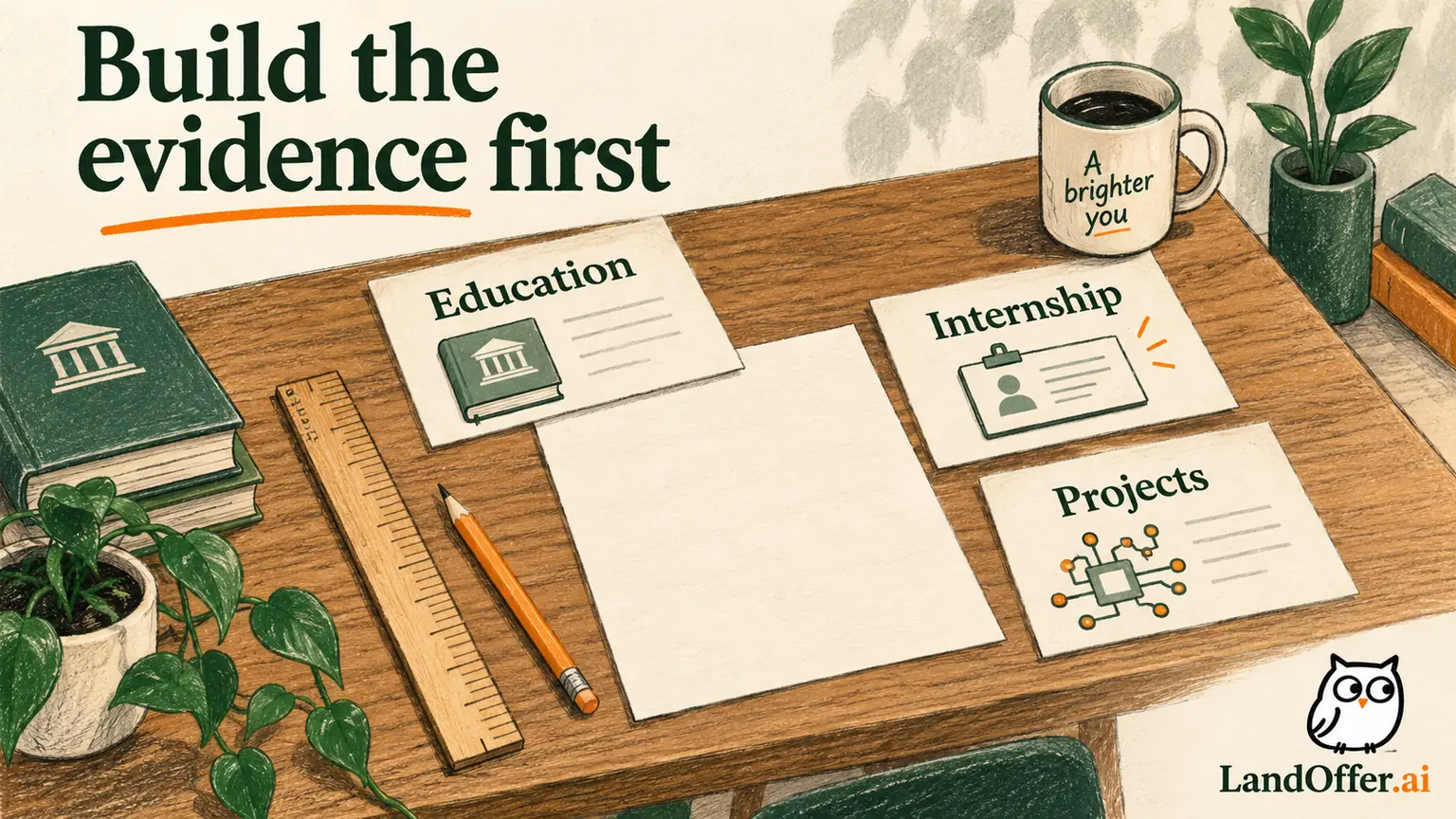 Education, internship and project sheets are assembled into one resume on a drafting table, showing that page space should follow relevant evidence.