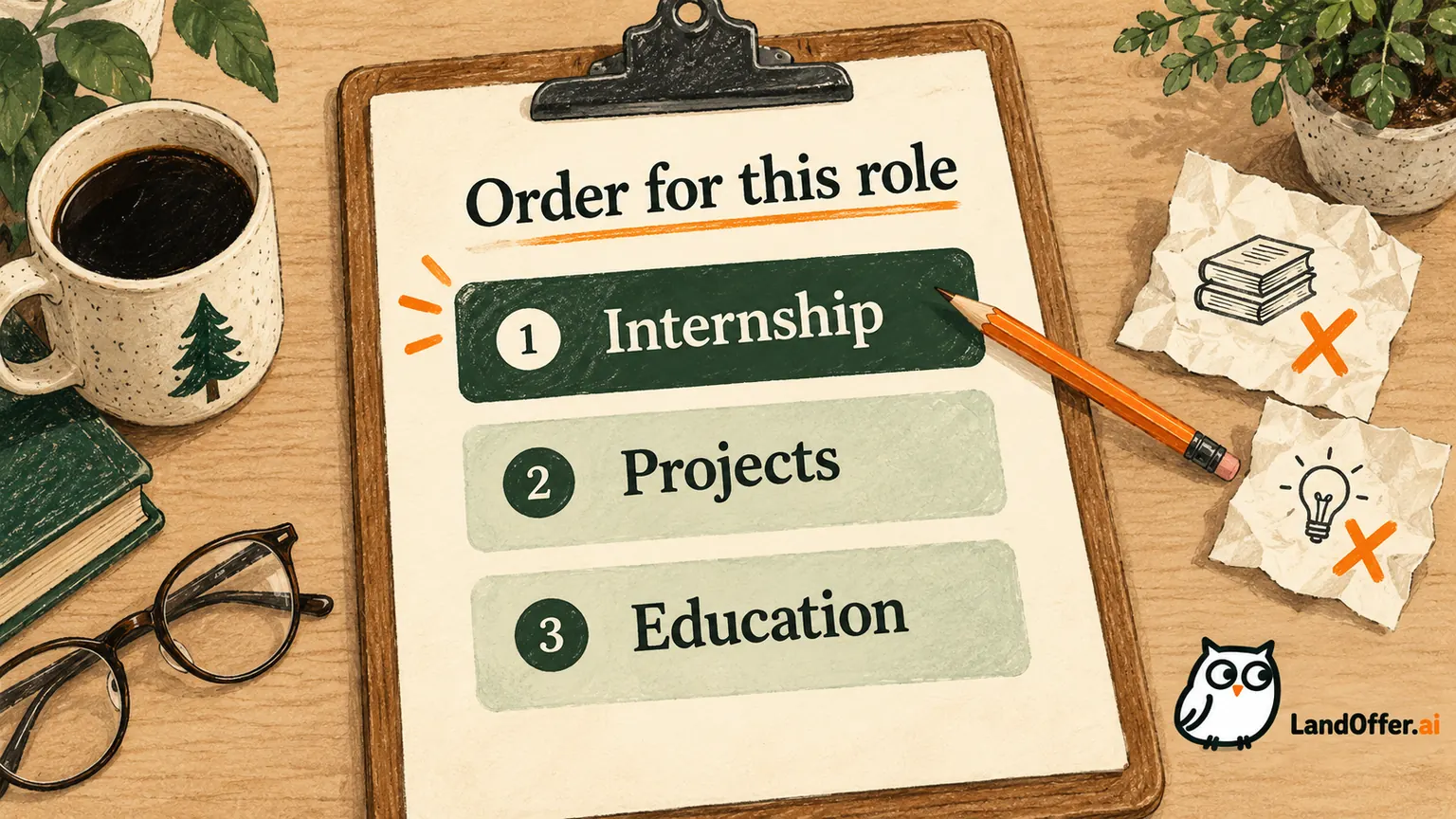A resume page uses clear Education, Internship and Projects tabs with measured space, illustrating Celia's completed content allocation.