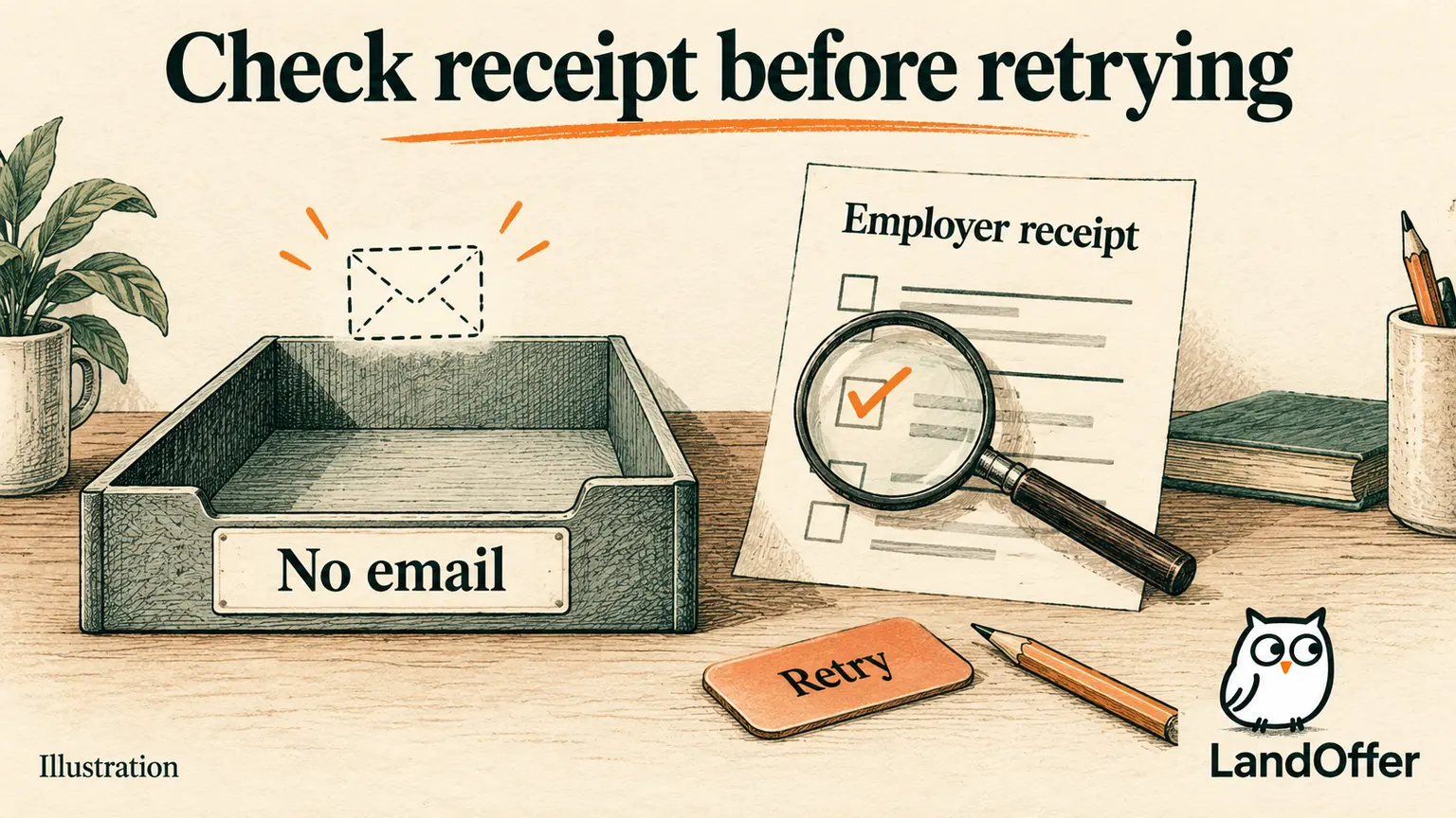 An empty email tray sits beside an employer receipt under a magnifying glass: check receipt before retrying. Editorial illustration.