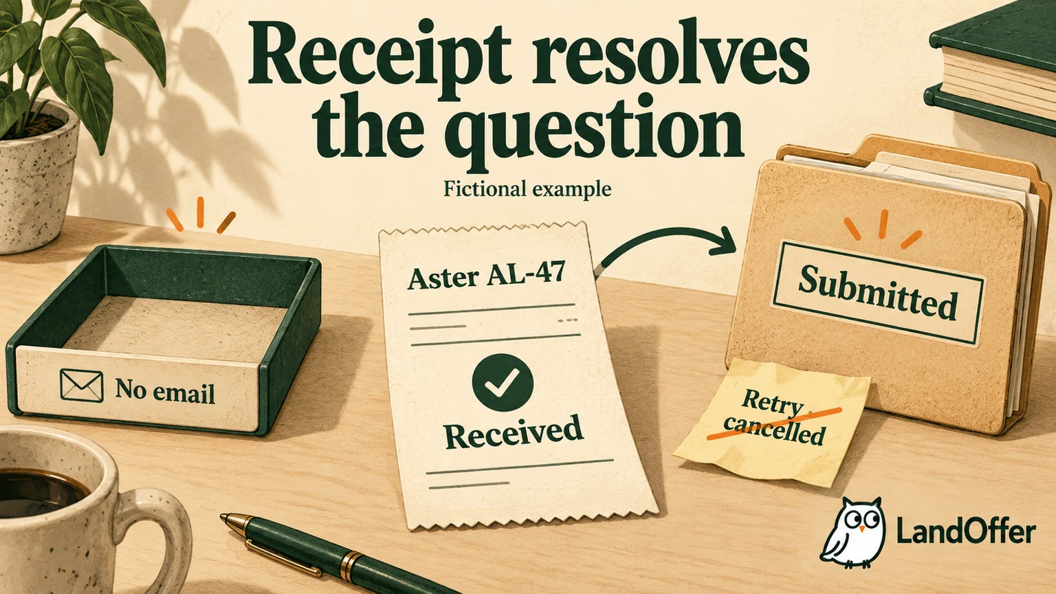 Fictional Aster Labs AL-47 example: a matching employer receipt supports Submitted despite no email, so the retry task is cancelled.