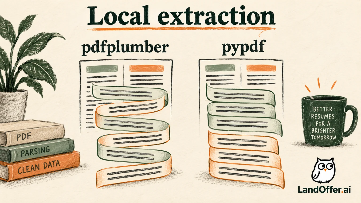 A local extraction illustration contrasts a continuous text stream with interleaved streams from two columns; it represents the saved PDF experiment, not ATS behavior.