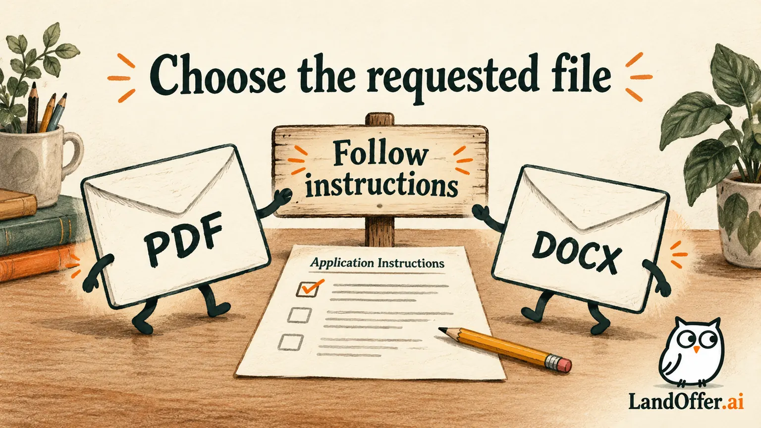 PDF and DOCX document envelopes meet an application-instructions sign, illustrating that the employer's stated requirement decides the format first.