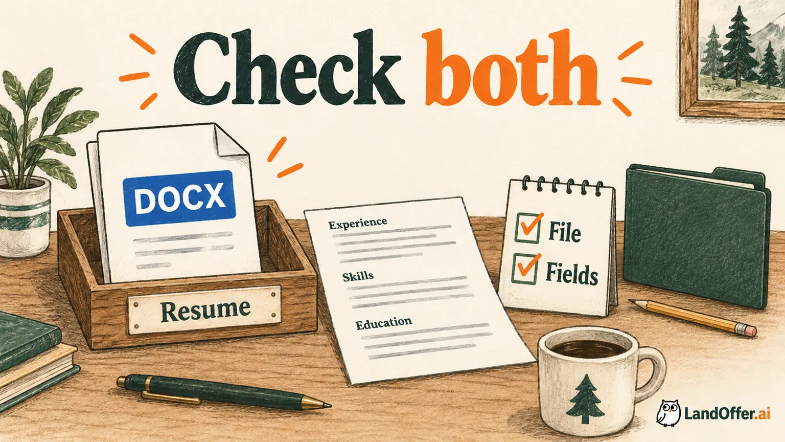 A DOCX attachment sits beside an opened text sheet and checked resume fields, illustrating Owen's requirement-led file and field review.