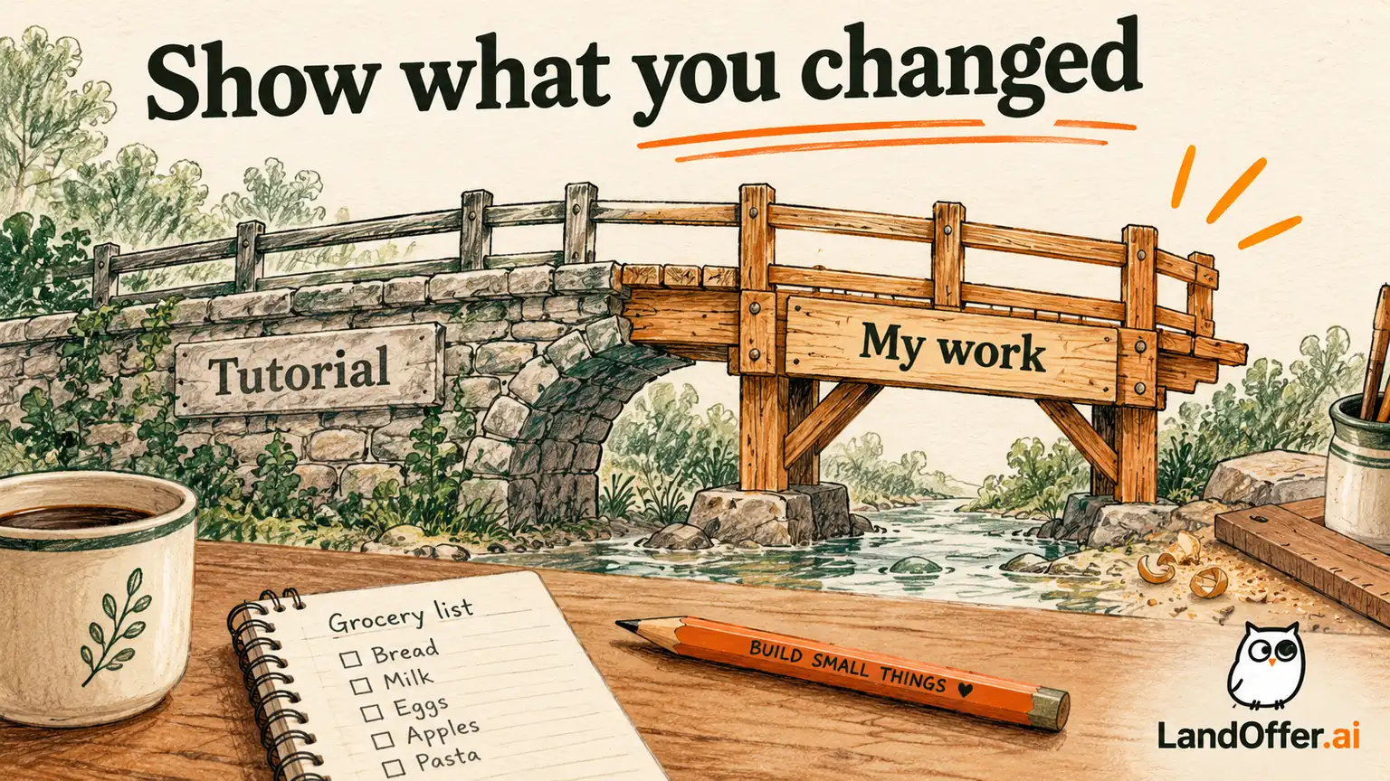 A handbuilt bridge extension rests on a tutorial foundation, illustrating how a personal project's contribution must be separated from its starting code.