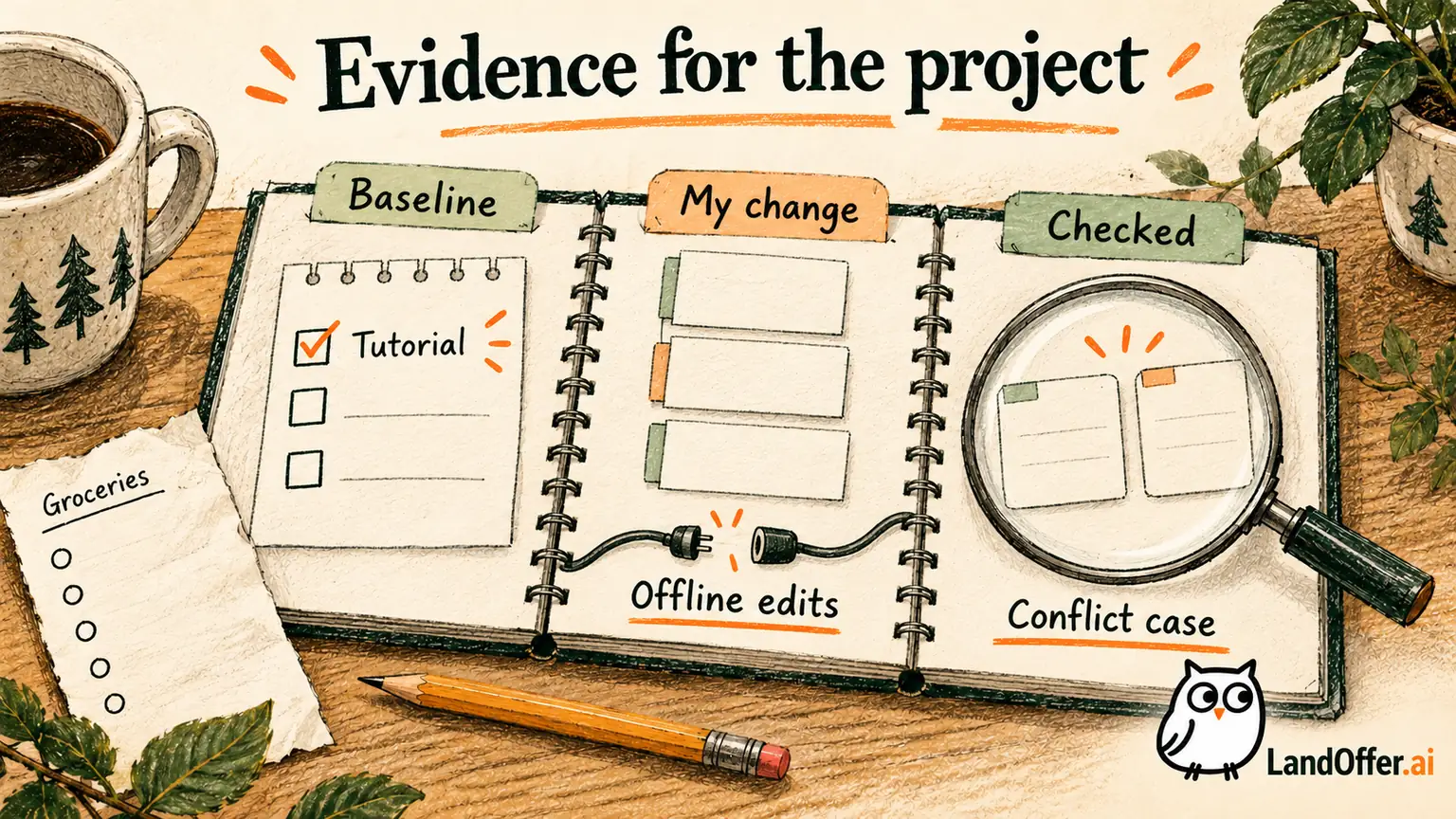A project notebook distinguishes Baseline, My change and Checked beside tangible grocery-list objects, explaining Rosa's contribution boundary.