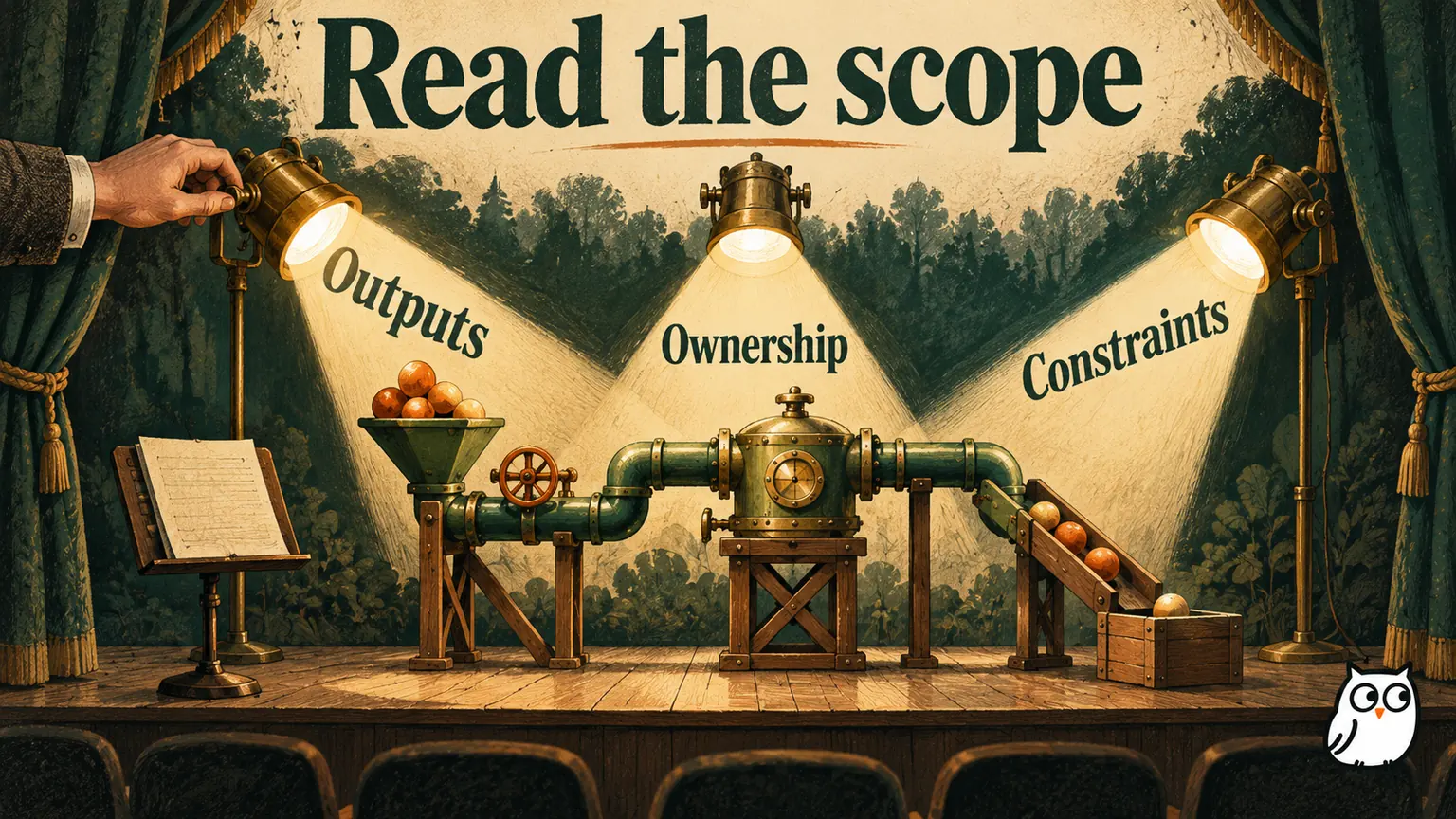 Editorial illustration of three spotlights illuminating Outputs, Ownership, and Constraints on a miniature engineering service, showing how to read a role's scope.
