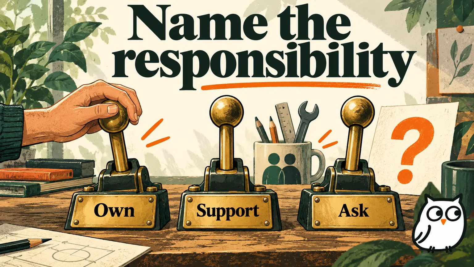 Editorial illustration of separate Own, Support, and Ask levers on an engineering workbench, showing contribution boundaries and unresolved responsibility questions.