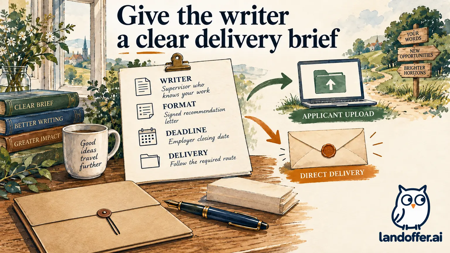 A letter-delivery brief identifies writer, format, deadline and the permitted route to the employer.