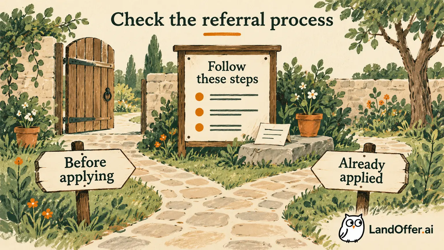 A quiet garden application gate has Before Applying and Already Applied paths that stop at an instruction board rather than a promised job offer