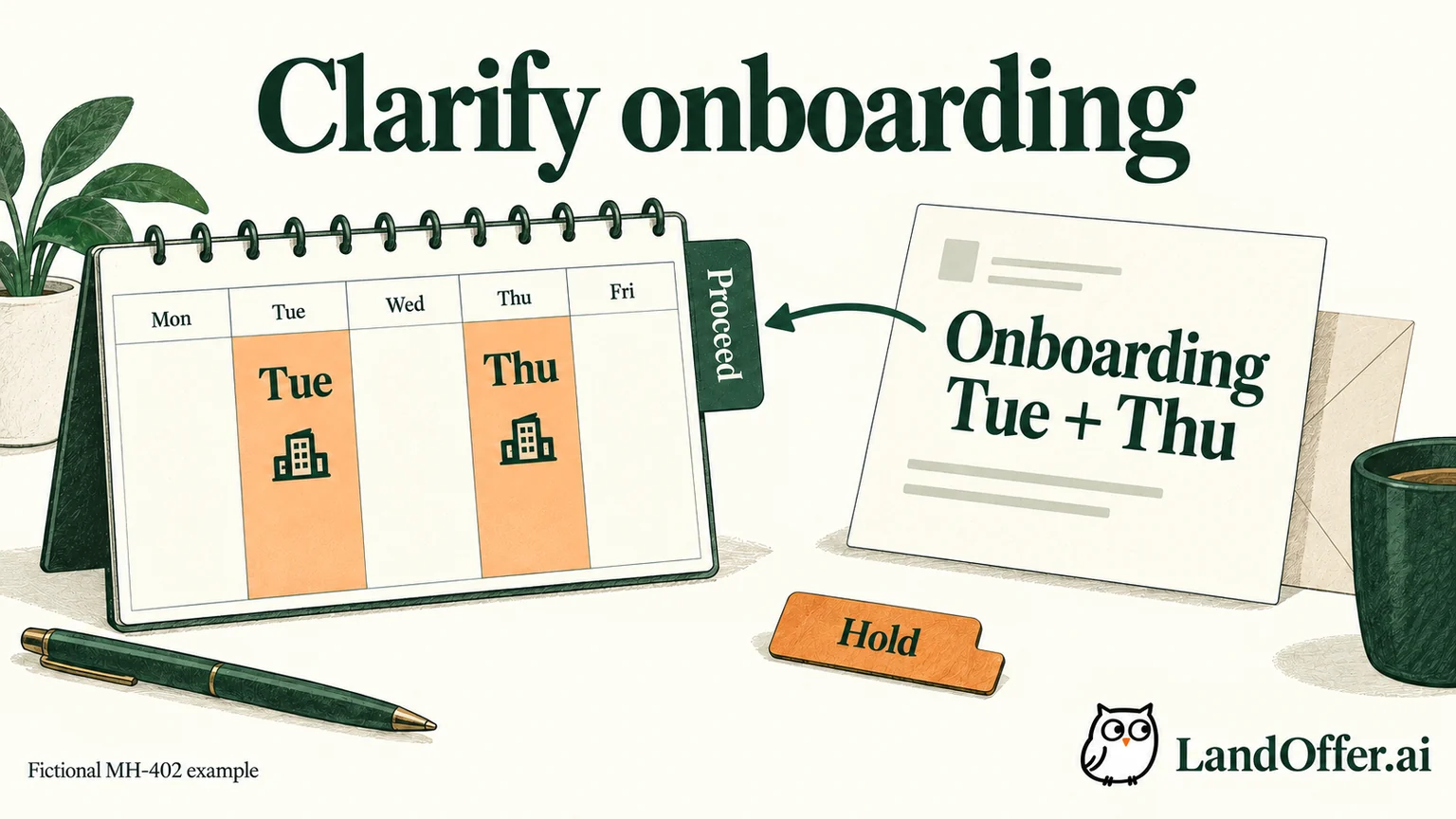 Fictional MH-402 changes from hold to proceed for applying after a reply confirms Tuesday and Thursday attendance also applies during onboarding.