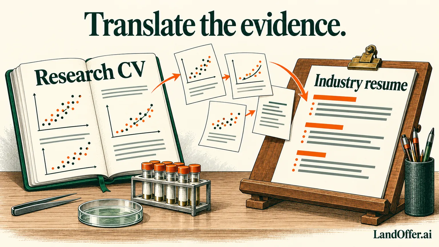 An editorial research notebook and experiment plot contribute selected pages to an industry resume while the complete academic record remains intact.